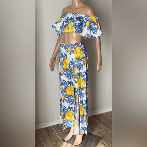luisa positano 100% linen lemon-print double front-split pants blue/white/yellow